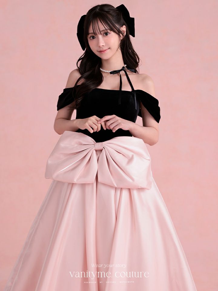 vanityME.couture.バニティミークチュール Françoise フランソワーズ ビッグリボン サテン ウエストマーク バイカラー オフショル 姫 ロングドレス バースデードレス ピンク×ブラック vctr-t-25003