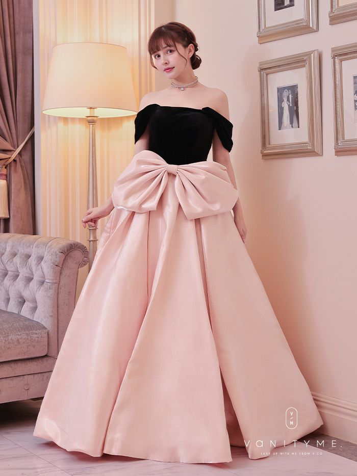 vanityME.couture.バニティミークチュール Fran&#231;oise フランソワーズ ビッグリボン サテン ウエストマーク バイカラー オフショル 姫 ロングドレス バースデードレス ピンク×ブラック vctr-t-25003