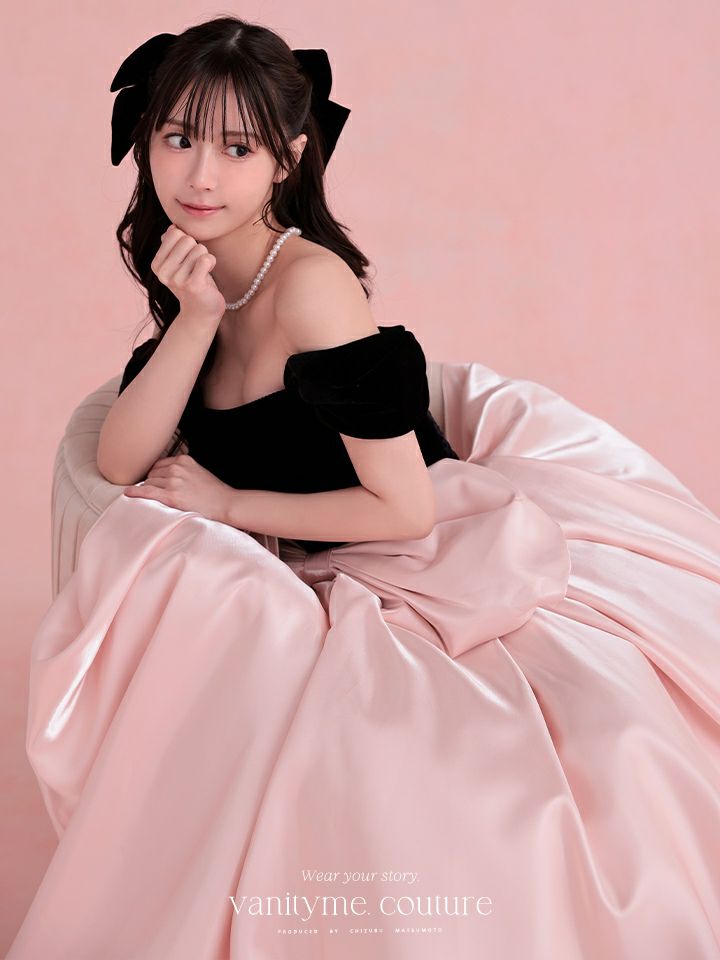 vanityME.couture.バニティミークチュール Françoise フランソワーズ ビッグリボン サテン ウエストマーク バイカラー オフショル 姫 ロングドレス バースデードレス ピンク×ブラック vctr-t-25003