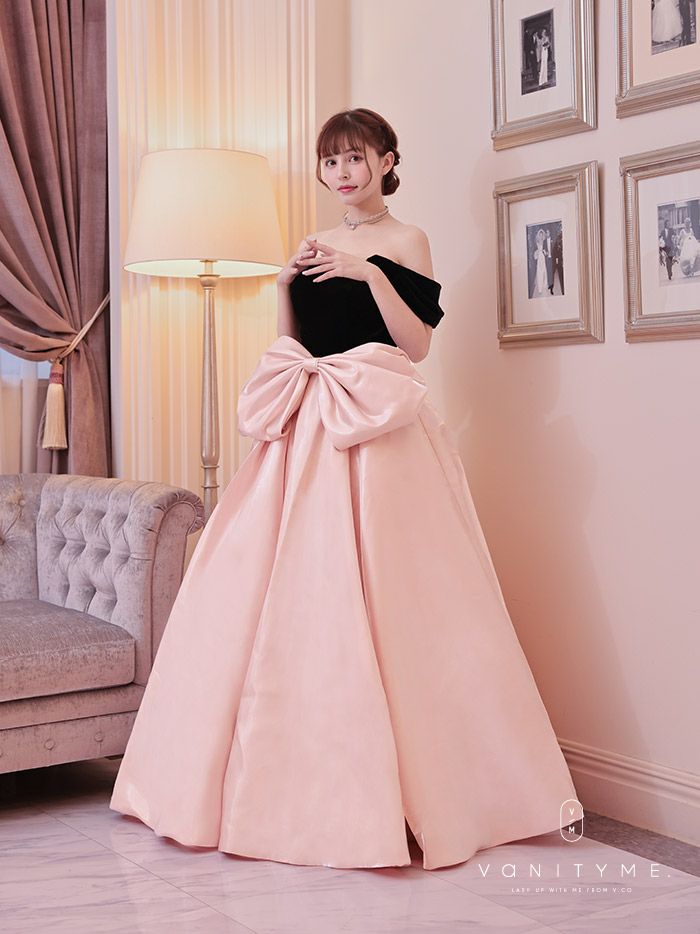 vanityME.couture.バニティミークチュール Fran&#231;oise フランソワーズ ビッグリボン サテン ウエストマーク バイカラー オフショル 姫 ロングドレス バースデードレス ピンク×ブラック vctr-t-25003
