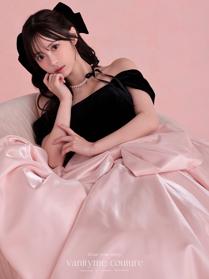 vanityME.couture.バニティミークチュール Françoise フランソワーズ ビッグリボン サテン ウエストマーク バイカラー オフショル 姫 ロングドレス バースデードレス ピンク×ブラック vctr-t-25003