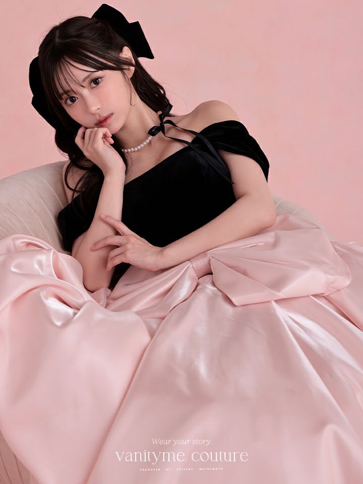 vanityME.couture.バニティミークチュール Françoise フランソワーズ ビッグリボン サテン ウエストマーク バイカラー オフショル 姫 ロングドレス バースデードレス ピンク×ブラック vctr-t-25003