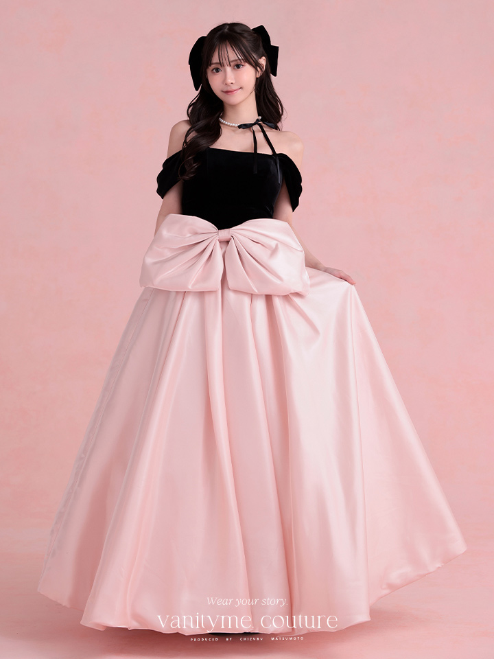 vanityME.couture.バニティミークチュール Françoise フランソワーズ ビッグリボン サテン ウエストマーク バイカラー オフショル 姫 ロングドレス バースデードレス ピンク×ブラック vctr-t-25003