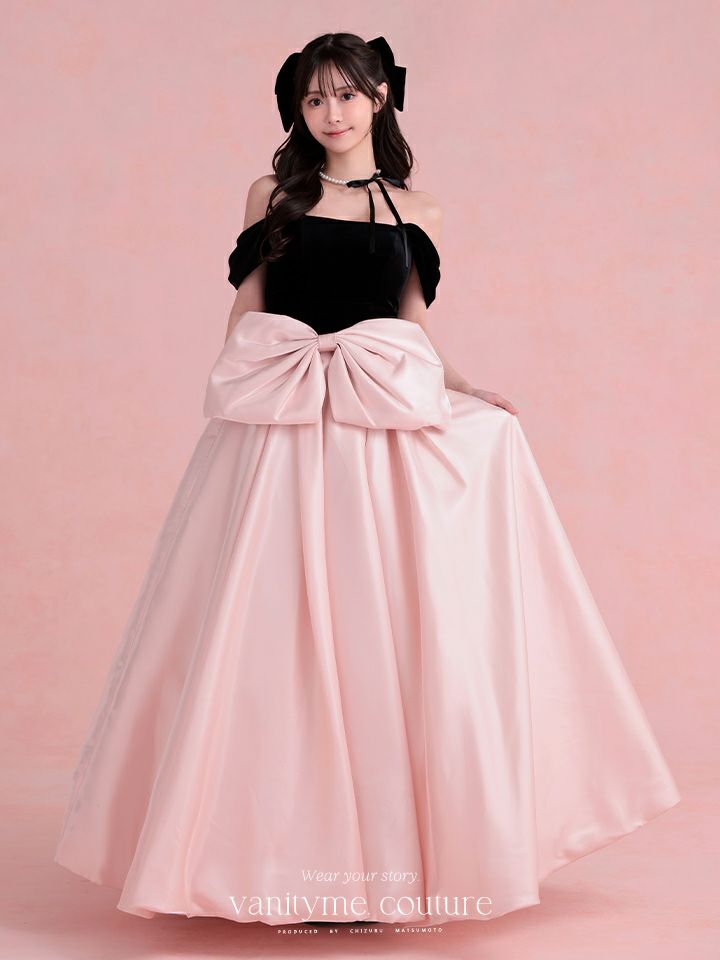 vanityME.couture.バニティミークチュール Françoise フランソワーズ ビッグリボン サテン ウエストマーク バイカラー オフショル 姫 ロングドレス バースデードレス ピンク×ブラック vctr-t-25003
