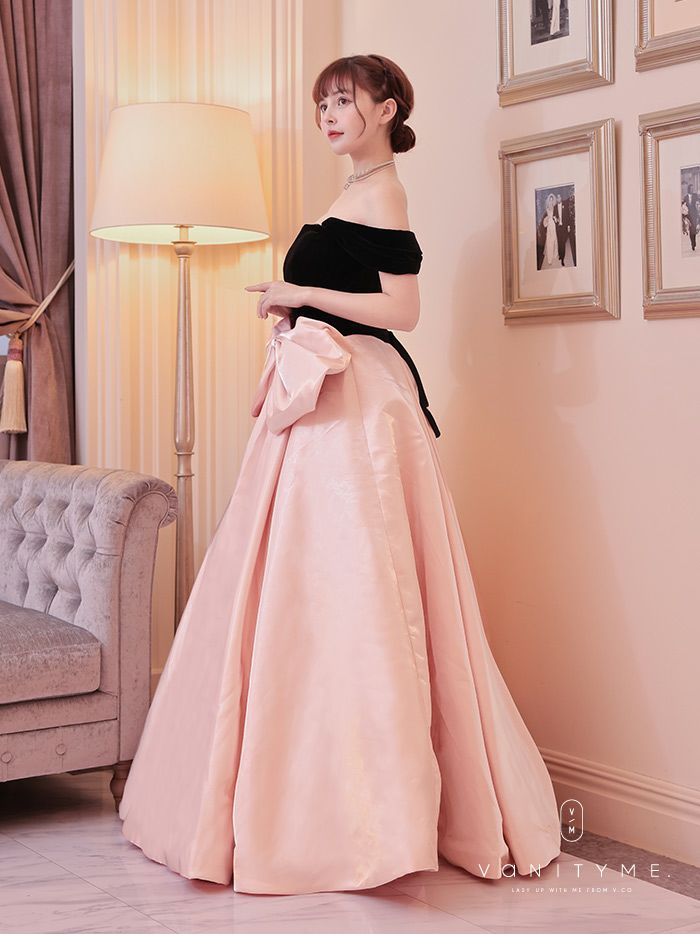 vanityME.couture.バニティミークチュール Fran&#231;oise フランソワーズ ビッグリボン サテン ウエストマーク バイカラー オフショル 姫 ロングドレス バースデードレス ピンク×ブラック vctr-t-25003
