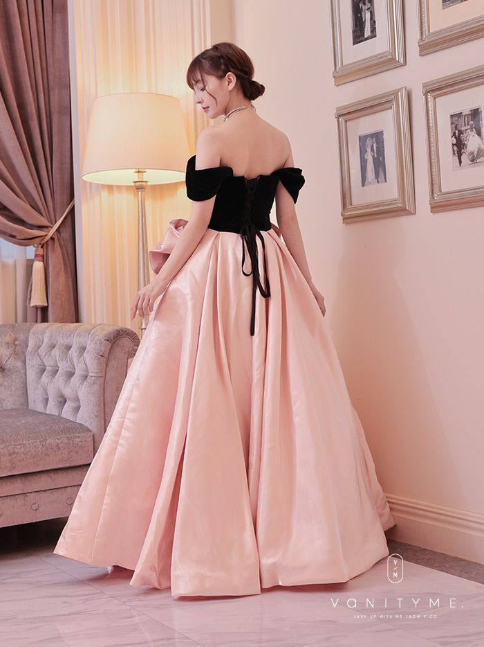 vanityME.couture.バニティミークチュール Fran&#231;oise フランソワーズ ビッグリボン サテン ウエストマーク バイカラー オフショル 姫 ロングドレス バースデードレス ピンク×ブラック vctr-t-25003