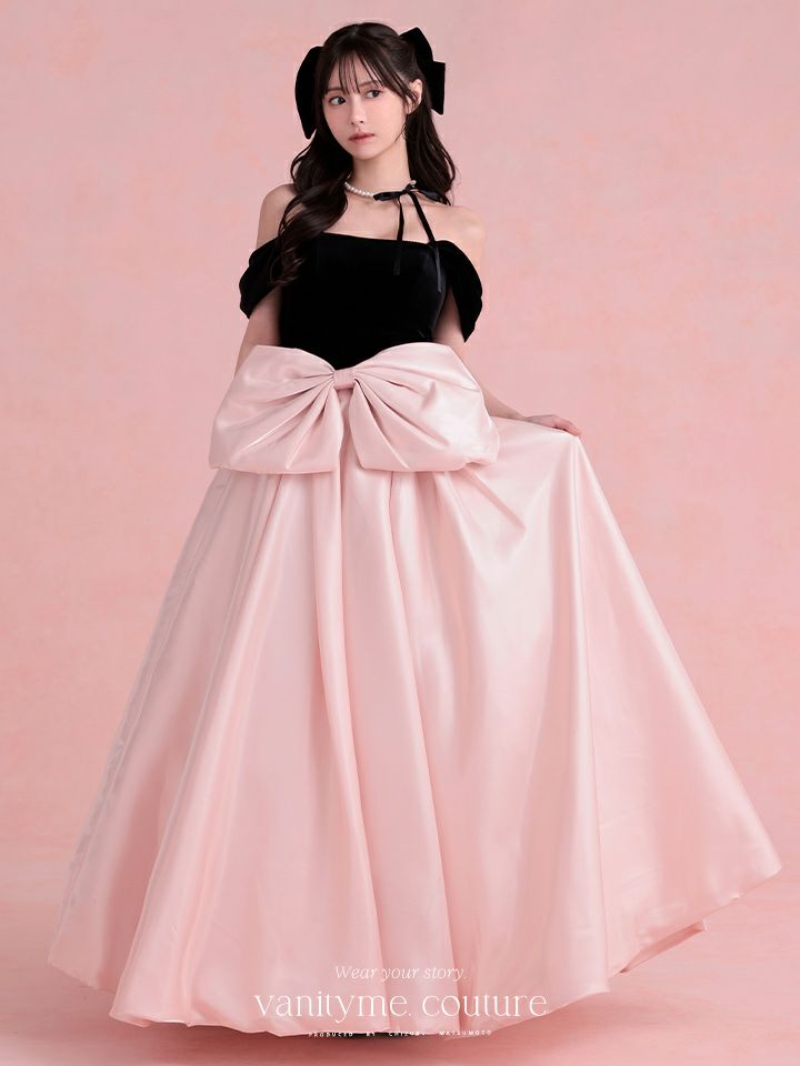 vanityME.couture.バニティミークチュール Françoise フランソワーズ ビッグリボン サテン ウエストマーク バイカラー オフショル 姫 ロングドレス バースデードレス ピンク×ブラック vctr-t-25003