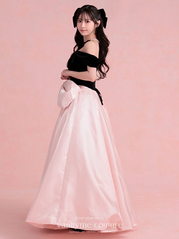 vanityME.couture.バニティミークチュール Françoise フランソワーズ ビッグリボン サテン ウエストマーク バイカラー オフショル 姫 ロングドレス バースデードレス ピンク×ブラック vctr-t-25003