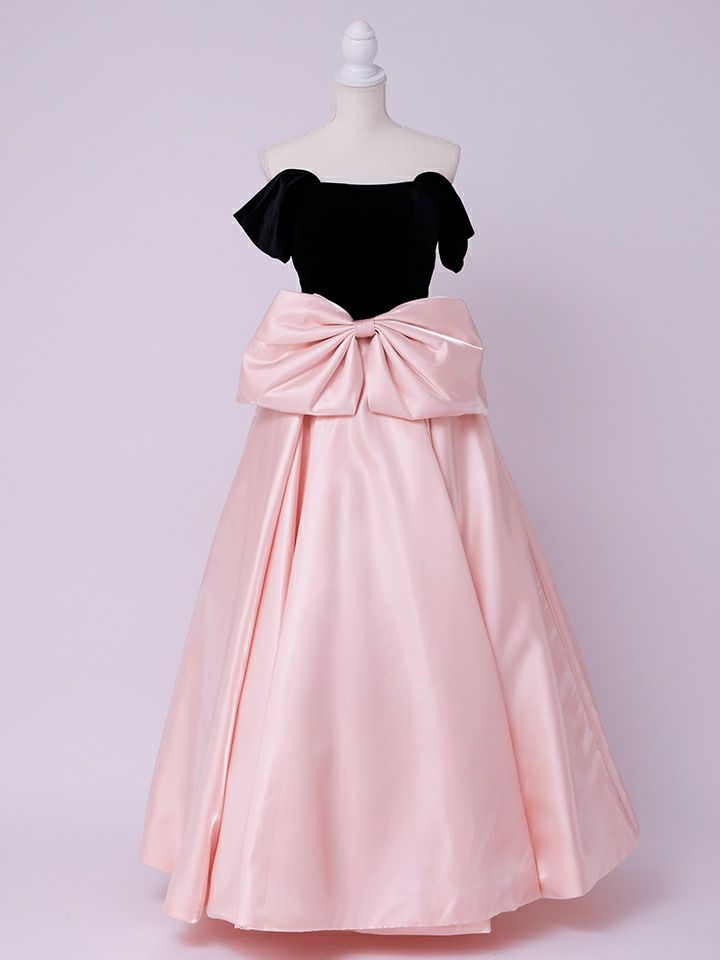 vanityME.couture.バニティミークチュール Françoise フランソワーズ ビッグリボン サテン ウエストマーク バイカラー オフショル 姫 ロングドレス バースデードレス ピンク×ブラック vctr-t-25003