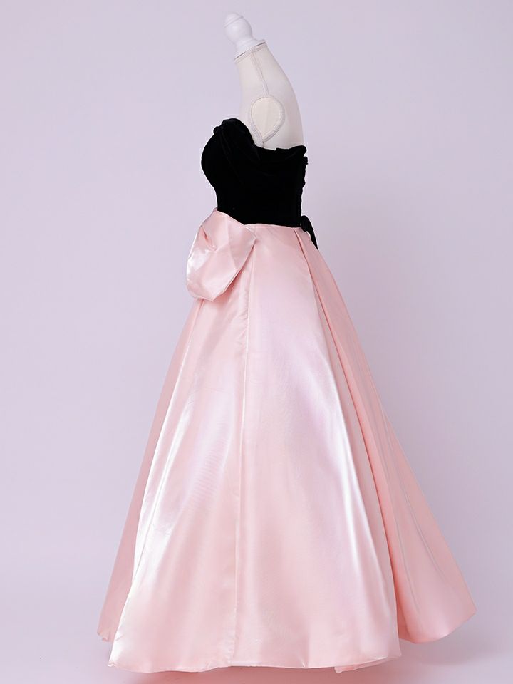 vanityME.couture.バニティミークチュール Françoise フランソワーズ ビッグリボン サテン ウエストマーク バイカラー オフショル 姫 ロングドレス バースデードレス ピンク×ブラック vctr-t-25003