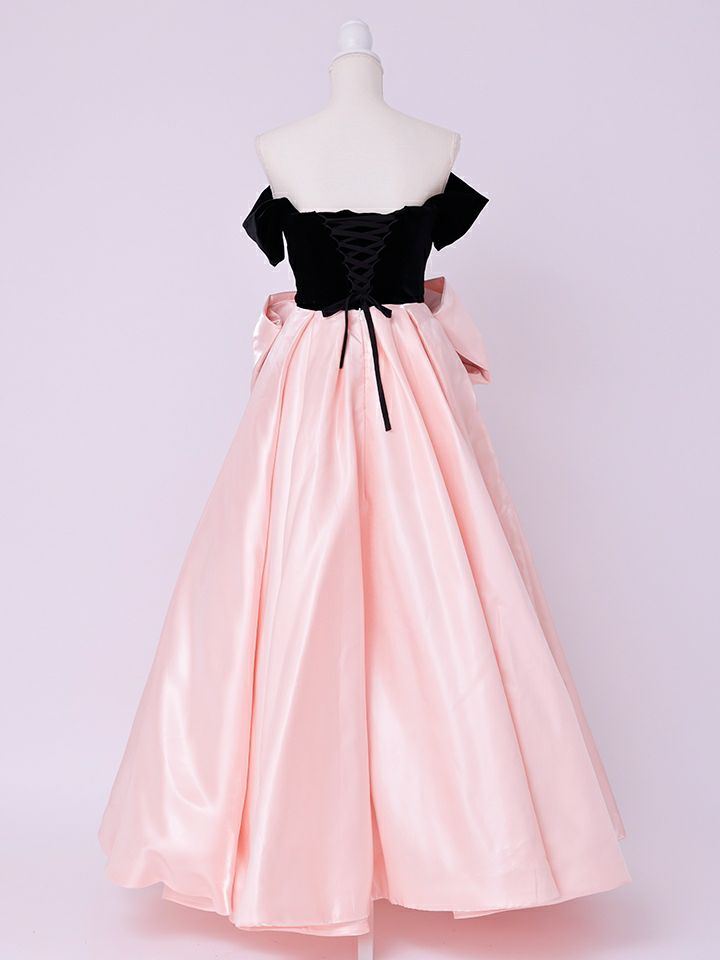 vanityME.couture.バニティミークチュール Françoise フランソワーズ ビッグリボン サテン ウエストマーク バイカラー オフショル 姫 ロングドレス バースデードレス ピンク×ブラック vctr-t-25003