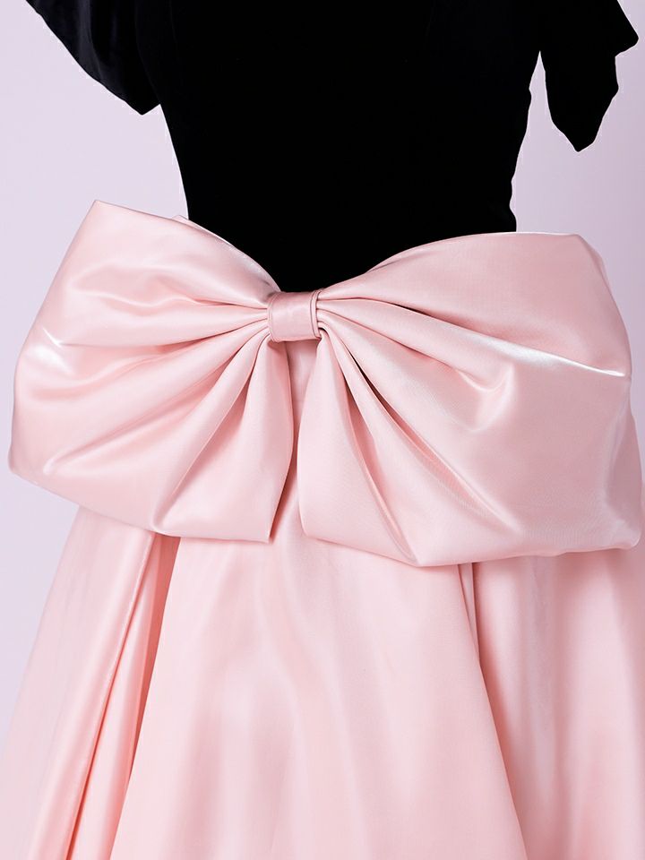 vanityME.couture.バニティミークチュール Françoise フランソワーズ ビッグリボン サテン ウエストマーク バイカラー オフショル 姫 ロングドレス バースデードレス ピンク×ブラック vctr-t-25003