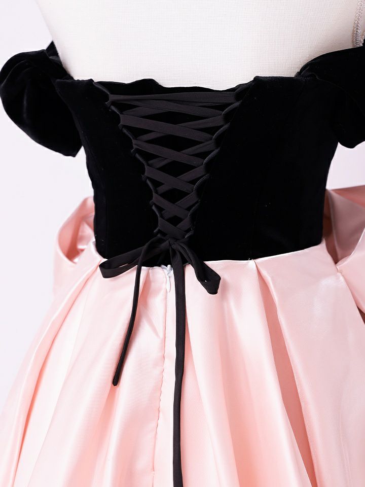 vanityME.couture.バニティミークチュール Françoise フランソワーズ ビッグリボン サテン ウエストマーク バイカラー オフショル 姫 ロングドレス バースデードレス ピンク×ブラック vctr-t-25003