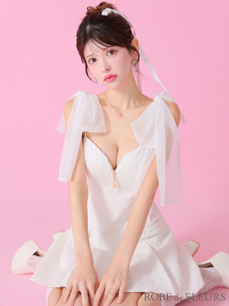 ROBE de FLEURS ローブドフルール ショルダーチュールリボンフレアミニキャバドレス fm3361-c