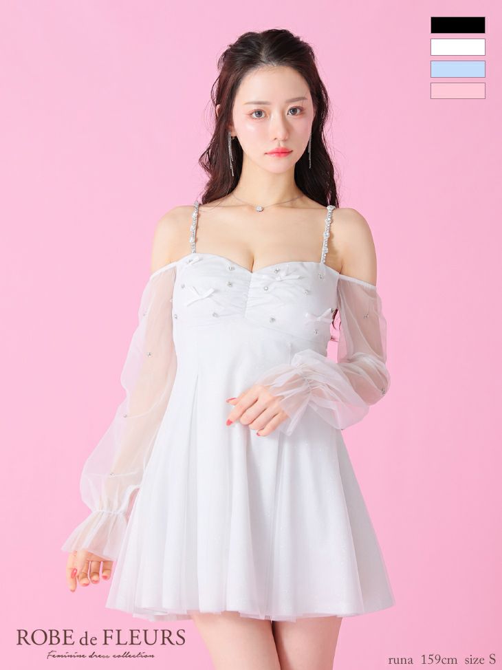 ROBE de FLEURS ローブドフルール オフショルリボンシアースリーブフレアミニキャバドレス fm3278-c