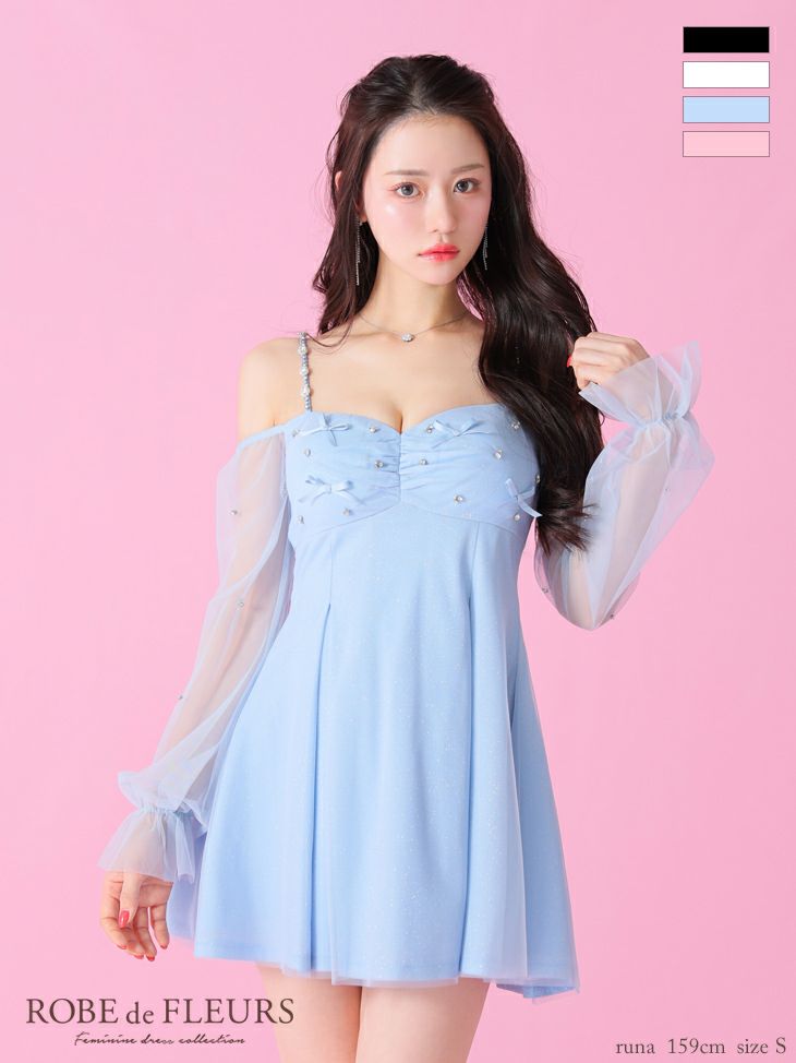 ROBE de FLEURS ローブドフルール オフショルリボンシアースリーブフレアミニキャバドレス fm3278-c