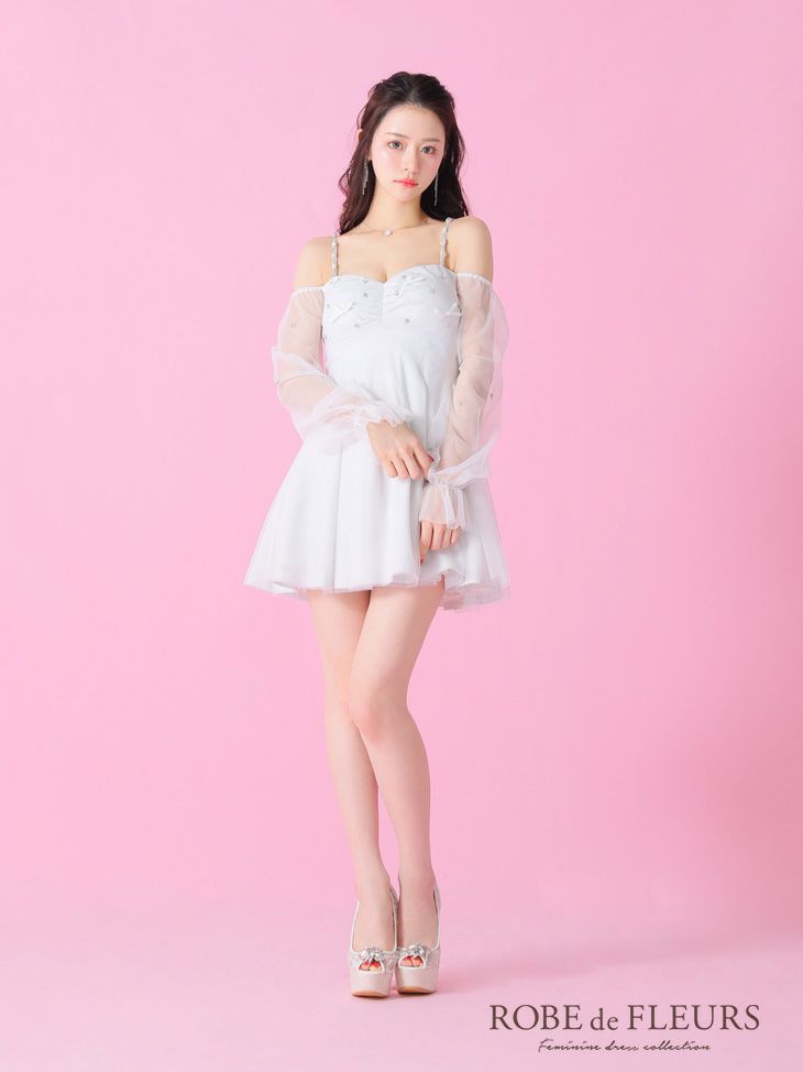 ROBE de FLEURS ローブドフルール オフショルリボンシアースリーブフレアミニキャバドレス fm3278-c