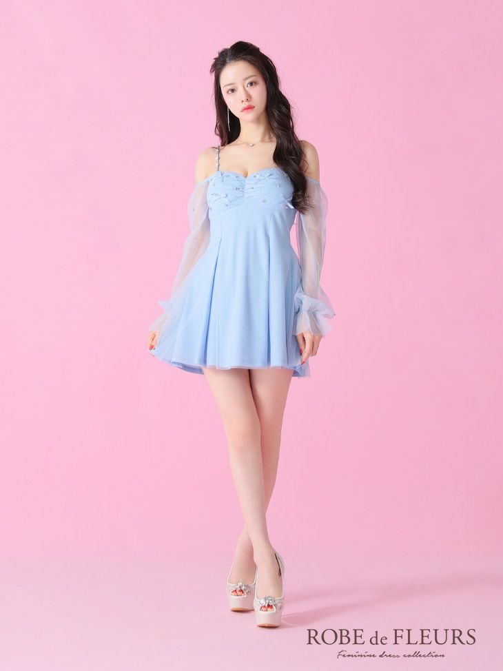 ROBE de FLEURS ローブドフルール オフショルリボンシアースリーブフレアミニキャバドレス fm3278-c