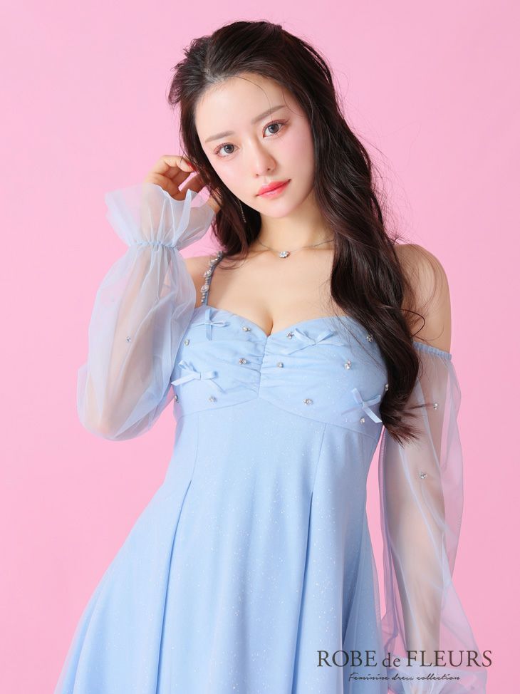 ROBE de FLEURS ローブドフルール オフショルリボンシアースリーブフレアミニキャバドレス fm3278-c