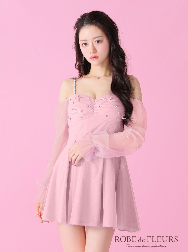 ROBE de FLEURS ローブドフルール オフショルリボンシアースリーブフレアミニキャバドレス fm3278-c