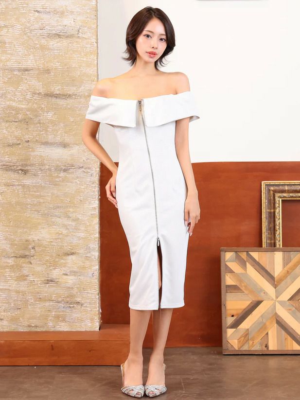 Veautt ヴュート オフショルダーフロントファスナーラメタイトミディアムドレス vt022507