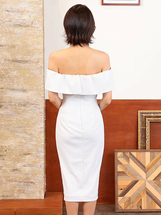 Veautt ヴュート オフショルダーフロントファスナーラメタイトミディアムドレス vt022507