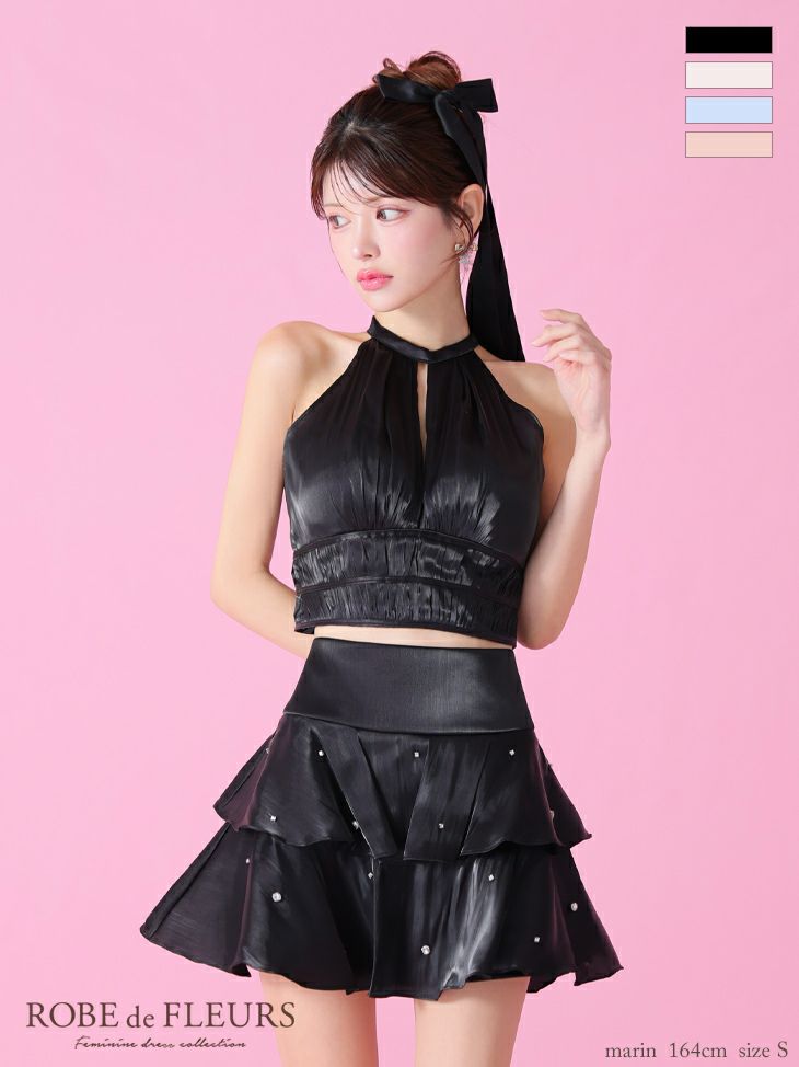 ROBE de FLEURS ローブドフルール サテンホルターティアードフレアミニキャバドレス fm3593