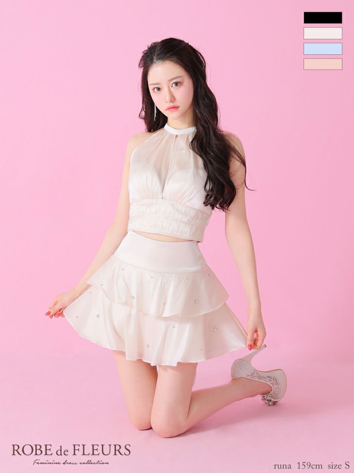 ROBE de FLEURS ローブドフルール サテンホルターティアードフレアミニキャバドレス fm3593