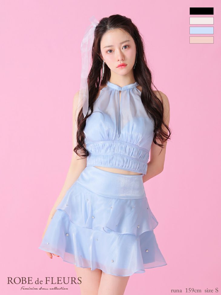 ROBE de FLEURS ローブドフルール サテンホルターティアードフレアミニキャバドレス fm3593