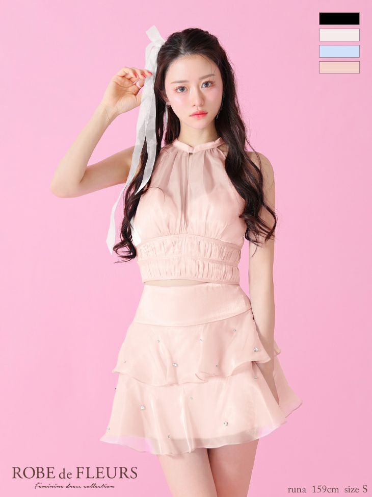 ROBE de FLEURS ローブドフルール サテンホルターティアードフレアミニキャバドレス fm3593