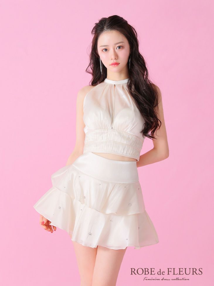 ROBE de FLEURS ローブドフルール サテンホルターティアードフレアミニキャバドレス fm3593