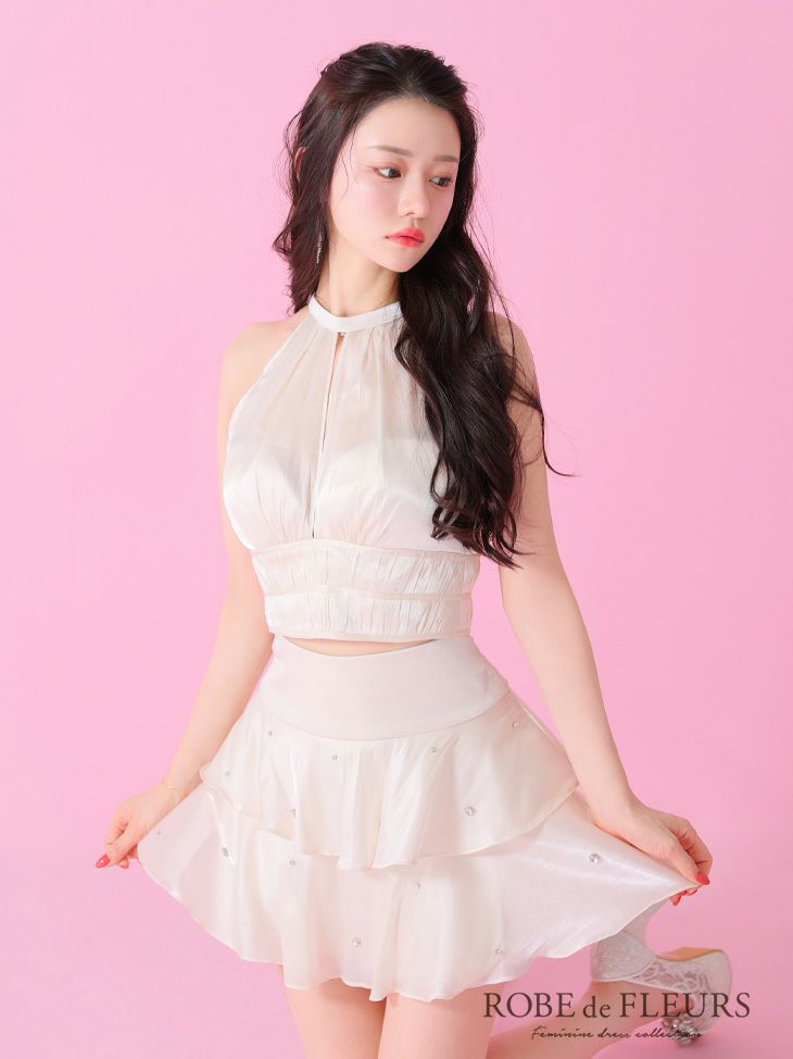 ROBE de FLEURS ローブドフルール サテンホルターティアードフレアミニキャバドレス fm3593