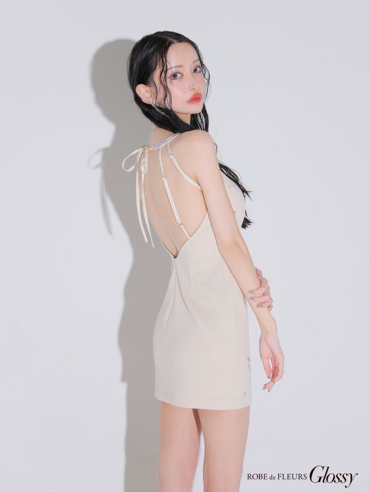 Glossy ローブドフルールグロッシー ビジューホルターシンプルタイトミニキャバドレス gl3594