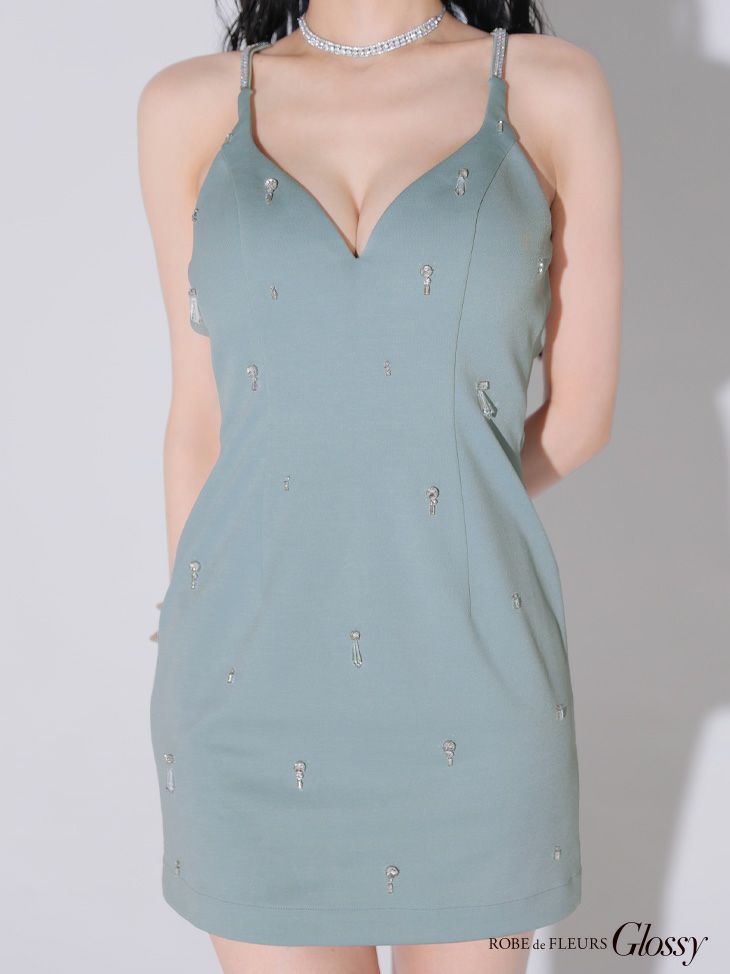 Glossy ローブドフルールグロッシー ビジューホルターシンプルタイトミニキャバドレス gl3594