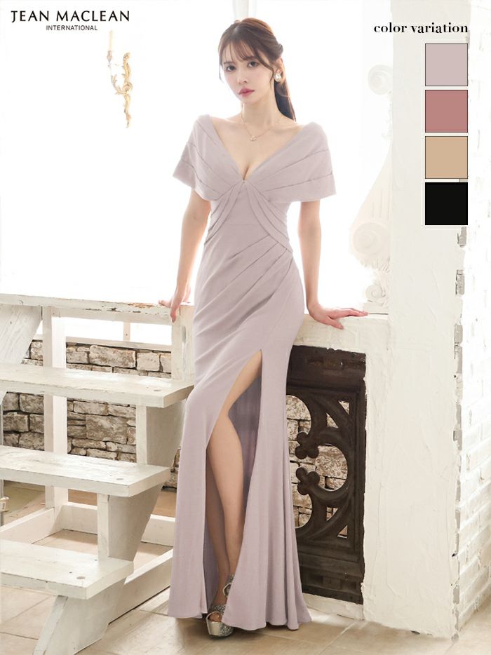 JEAN MACLEAN ジャンマクレーン ワンカラー/ケープ風スリーブ/タックデザイン/ラメニット/スリット入り/タイト ロングドレス ja51802-ks