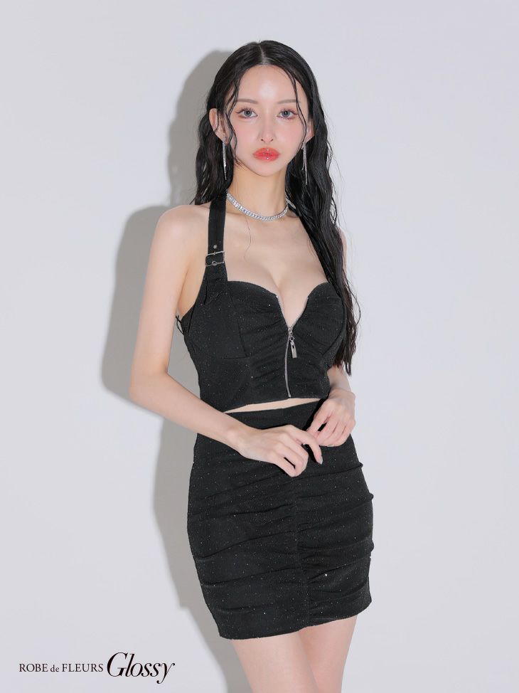 Glossy ローブドフルールグロッシー スタッズチュールホルターセットアップミニキャバドレス gl3910