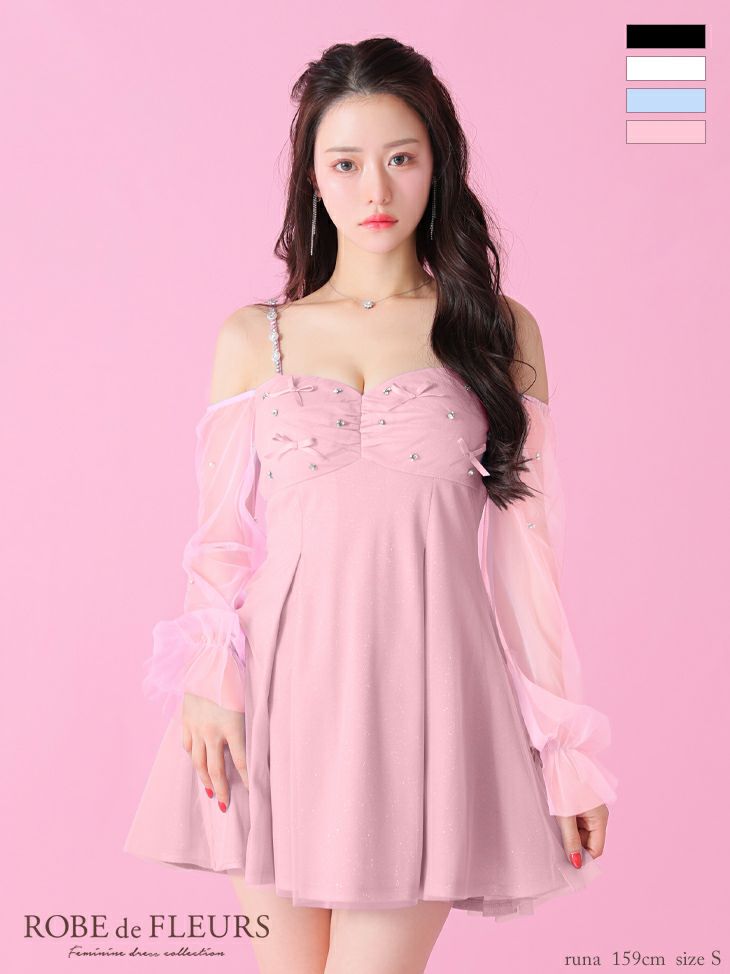 ROBE de FLEURS ローブドフルール オフショルリボンシアースリーブフレアミニキャバドレス fm3278