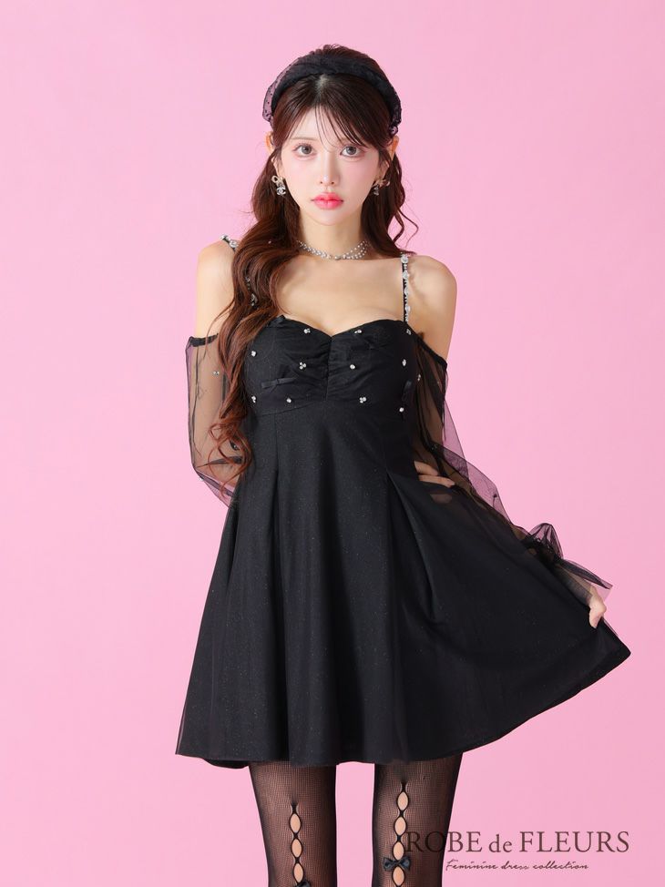 ROBE de FLEURS ローブドフルール オフショルリボンシアースリーブフレアミニキャバドレス fm3278