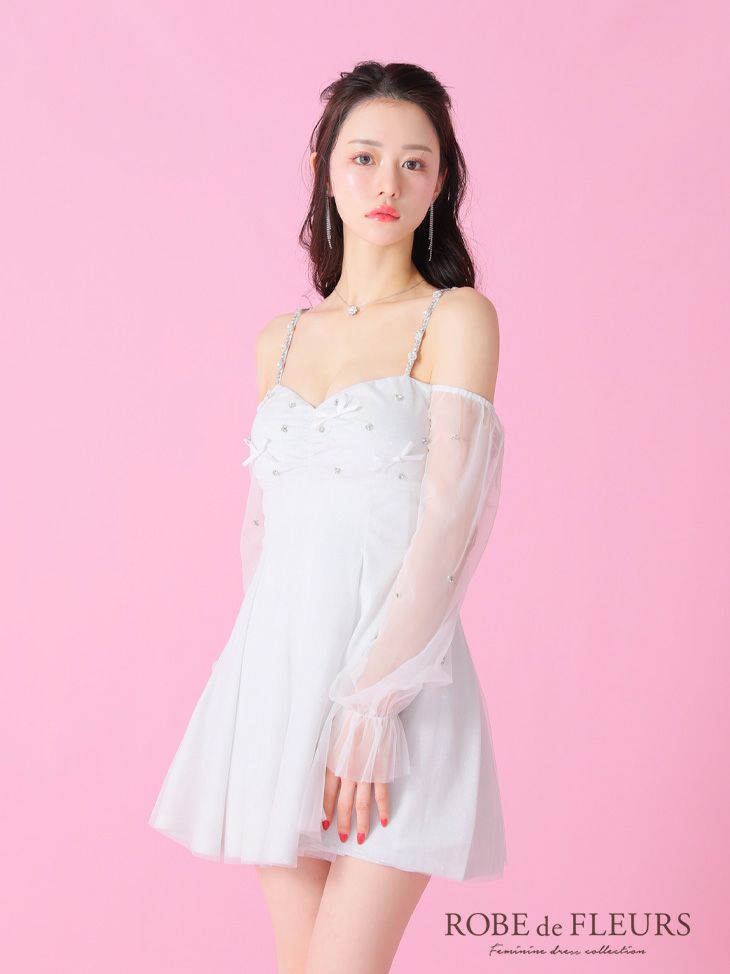 ROBE de FLEURS ローブドフルール オフショルリボンシアースリーブフレアミニキャバドレス fm3278