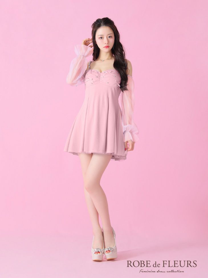 ROBE de FLEURS ローブドフルール オフショルリボンシアースリーブフレアミニキャバドレス fm3278