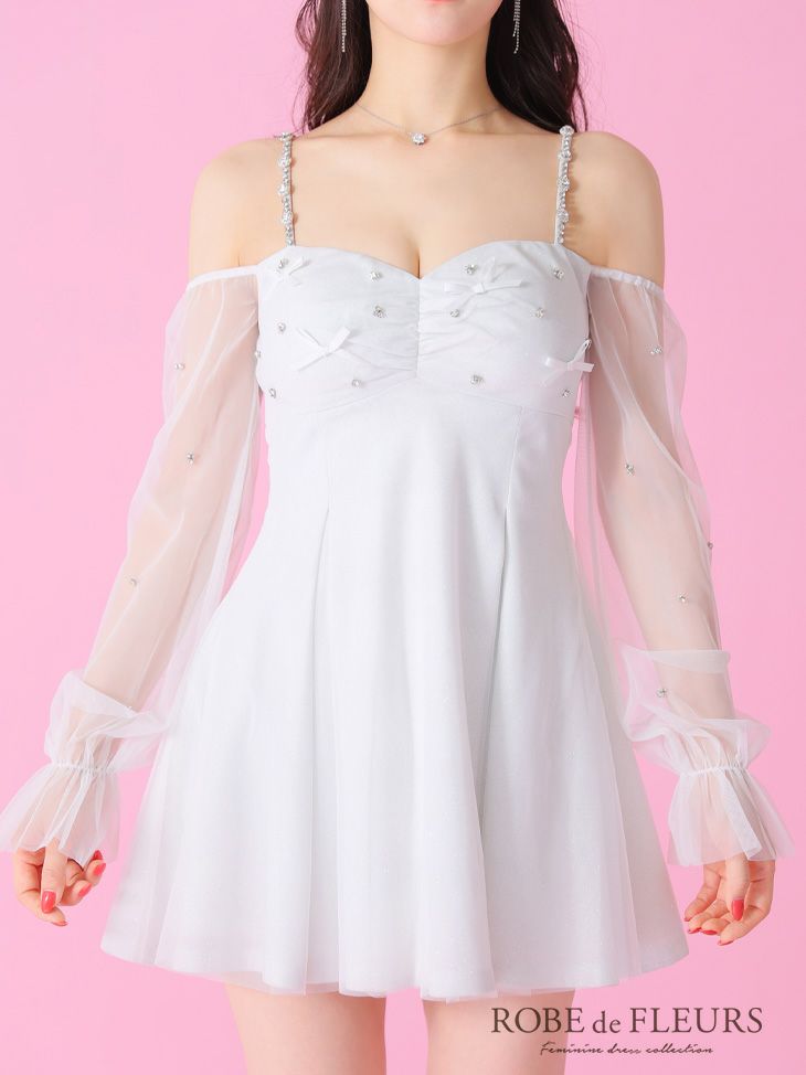 ROBE de FLEURS ローブドフルール オフショルリボンシアースリーブフレアミニキャバドレス fm3278
