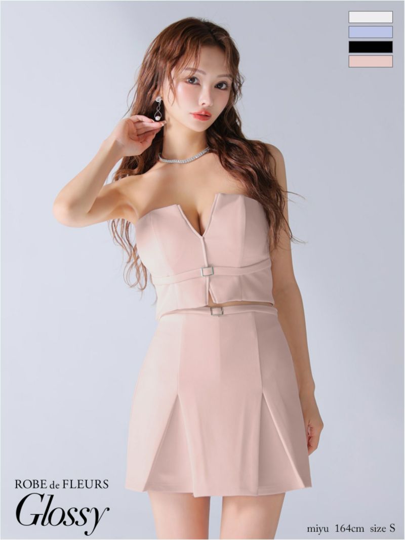 Glossy ローブドフルールグロッシー バストカットベルトプリーツセットアップミニキャバドレス gl3588-c