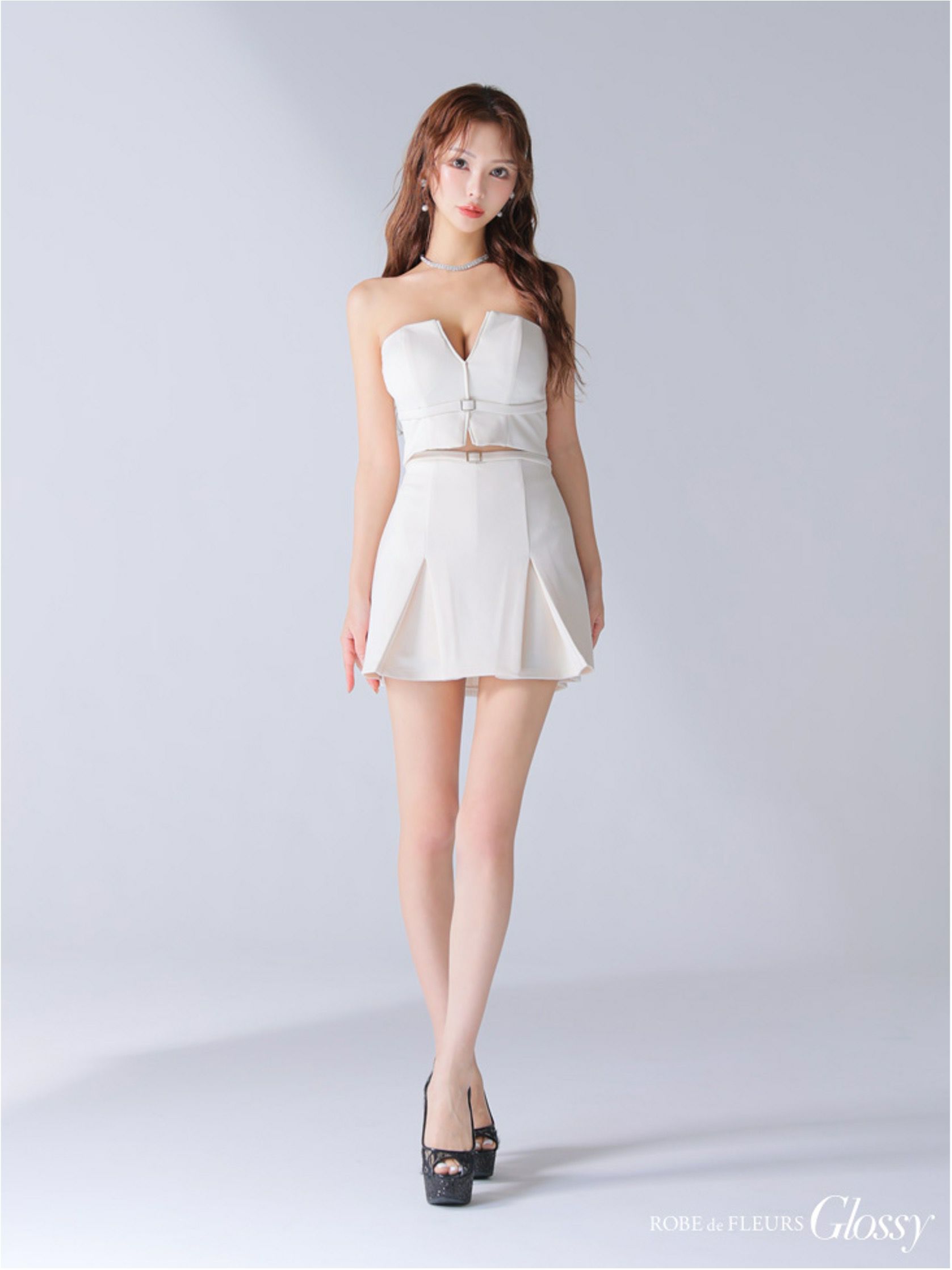 Glossy ローブドフルールグロッシー バストカットベルトプリーツセットアップミニキャバドレス gl3588-c