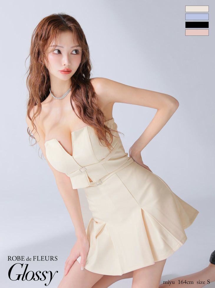 Glossy ローブドフルールグロッシー バストカットベルトプリーツセットアップミニキャバドレス gl3588