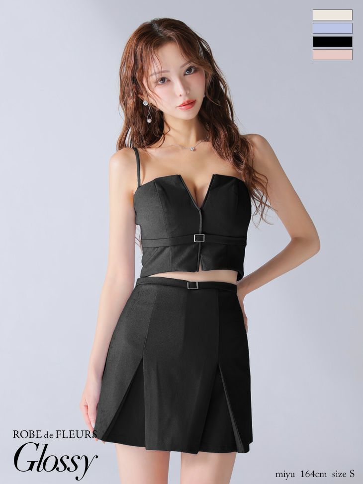 Glossy ローブドフルールグロッシー バストカットベルトプリーツセットアップミニキャバドレス gl3588