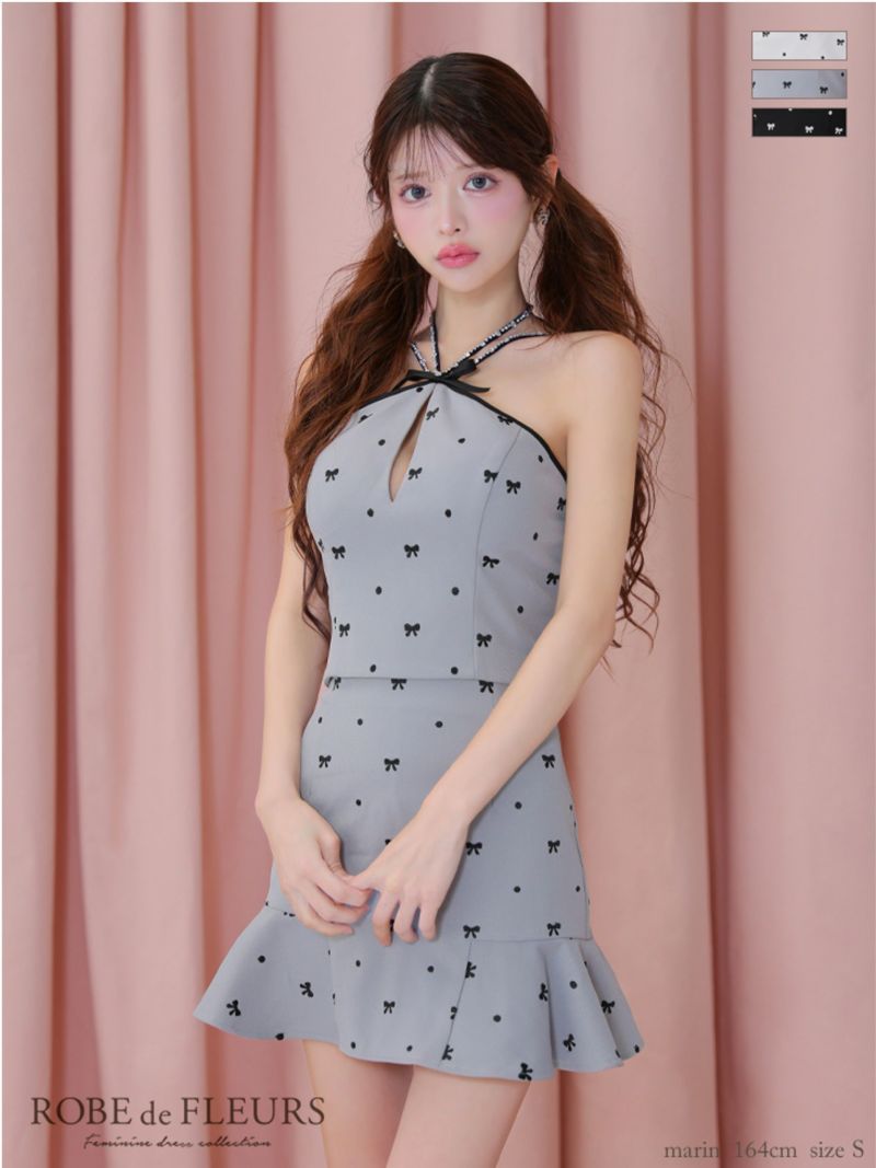  ROBE de FLEURS ローブドフルール リボン柄バストカットセットアップセミフレアミニキャバドレス fm3363-c