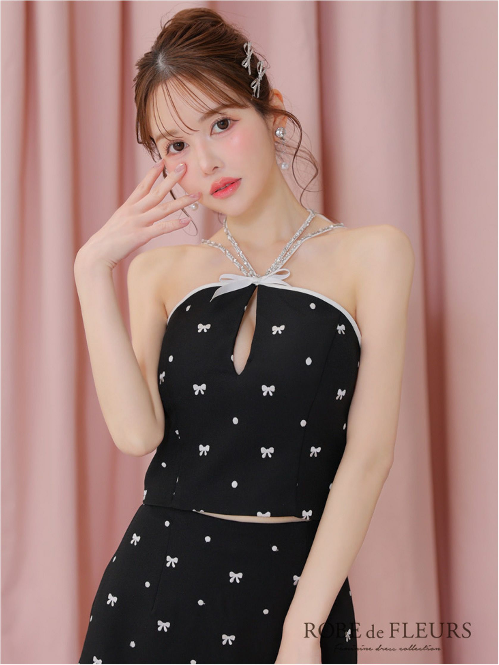  ROBE de FLEURS ローブドフルール リボン柄バストカットセットアップセミフレアミニキャバドレス fm3363-c