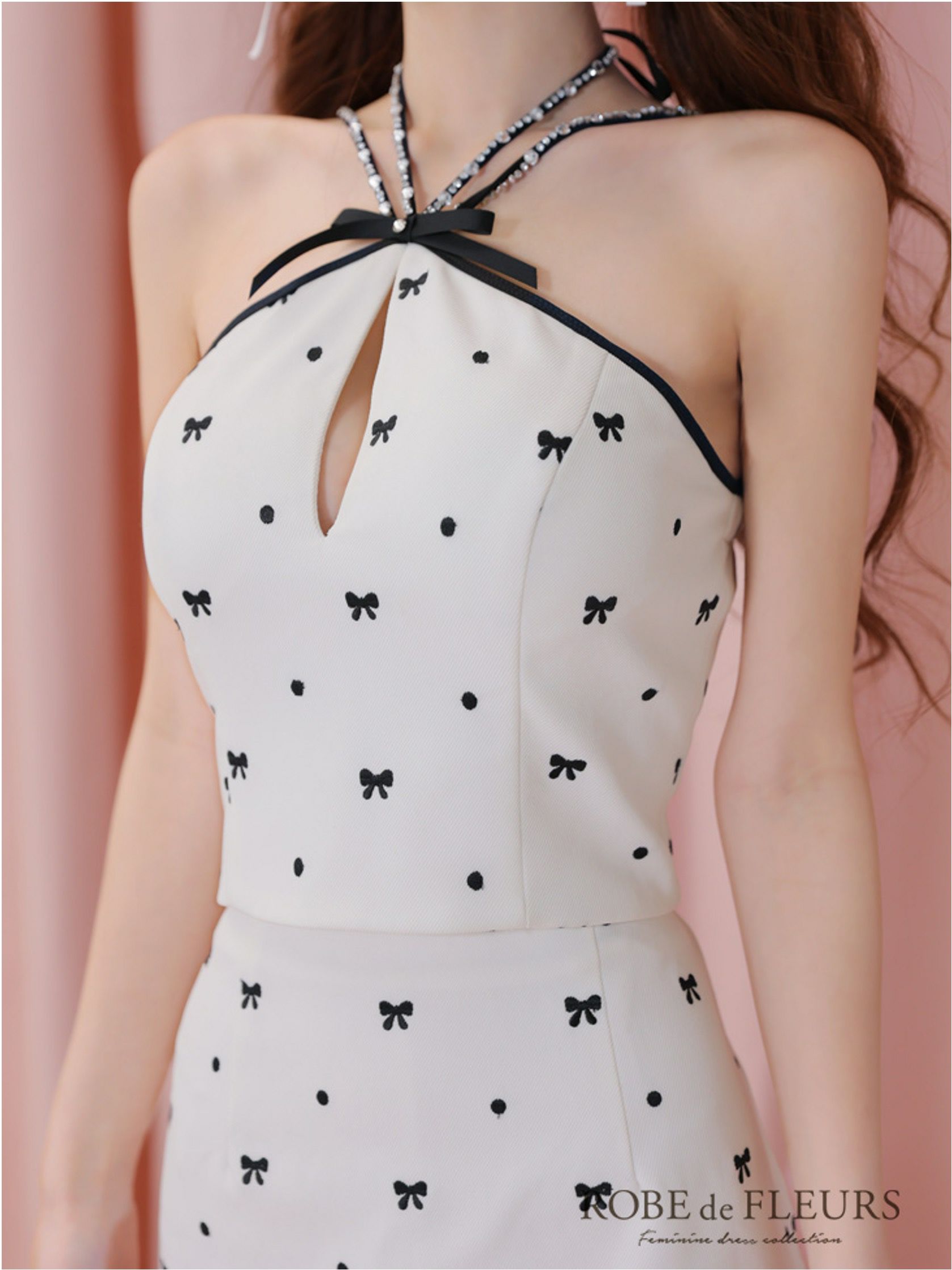  ROBE de FLEURS ローブドフルール リボン柄バストカットセットアップセミフレアミニキャバドレス fm3363-c