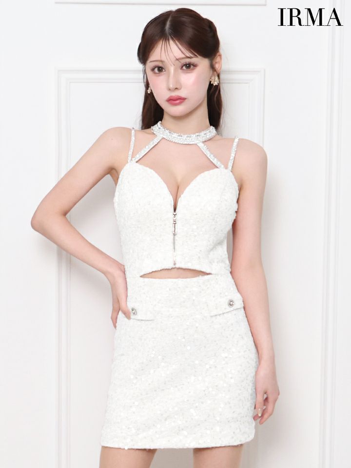 IRMA イルマ スパンコールニット/チョーカー風ビジューコード/カットアウト/フロントジップ/タイト ミニドレス ir51813