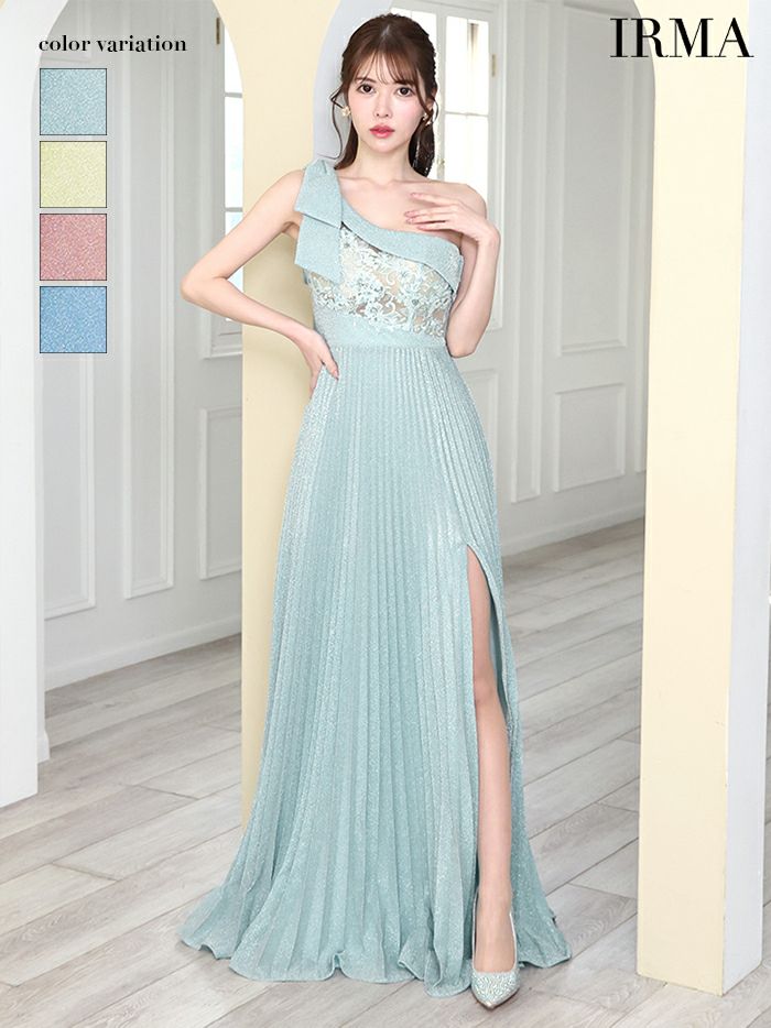 IRMA イルマ ワンショル/フラワー刺繍レース/バストトップシアー/ラメニット/スリット入り/プリーツ/ロングドレス ir51823-ks